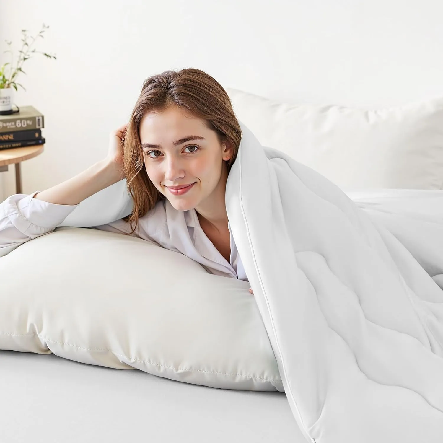 EASELAND All Season Cooling Comforter Queen, Cold Touch Fabric Absorbs Body Heat, 300GSM Super Soft, Cooling Blanket for Night Sweats Hot Sleeper (White-All Season, Queen(90"x90"))