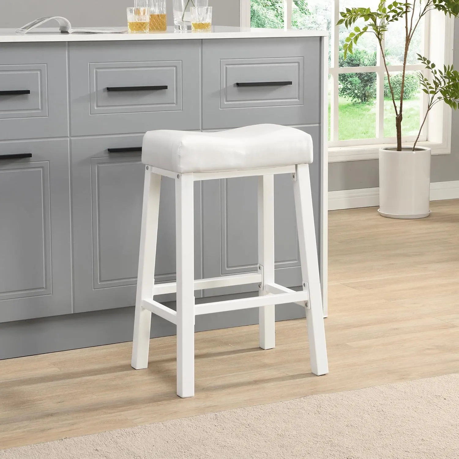 eHemco Heavy-Duty Padded Faux Leather Saddle Seat Kitchen Counter Barstools, 29 Inches, White