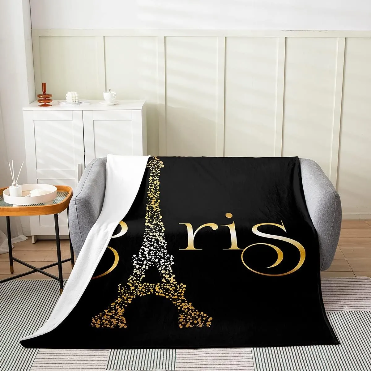 Eiffel Tower All Season Bed Blanket,Golden Paris Tower Fleece Throw Blanket Flannel Fuzzy Blanket for Kids Boys Girls,French Paris Cityscape Microfiber Plush Blanket Room Decor Throw 50"x60"