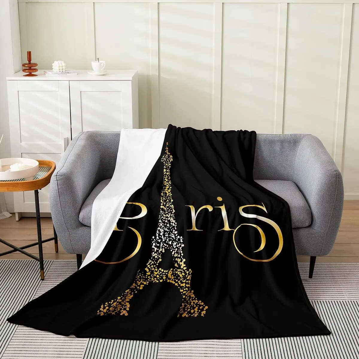 Eiffel Tower All Season Bed Blanket,Golden Paris Tower Fleece Throw Blanket Flannel Fuzzy Blanket for Kids Boys Girls,French Paris Cityscape Microfiber Plush Blanket Room Decor Throw 50"x60"