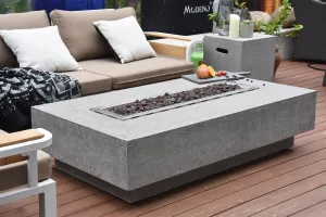 Elementi Hampton Fire Pit Bundle Outdoor Firepit Set Includes 56” Propane Concrete Firepit Table, Glass Windscreen, Stainless Steel Cover, Tank Cover, Canvas Cover, Floor Mat, Ice Bucket