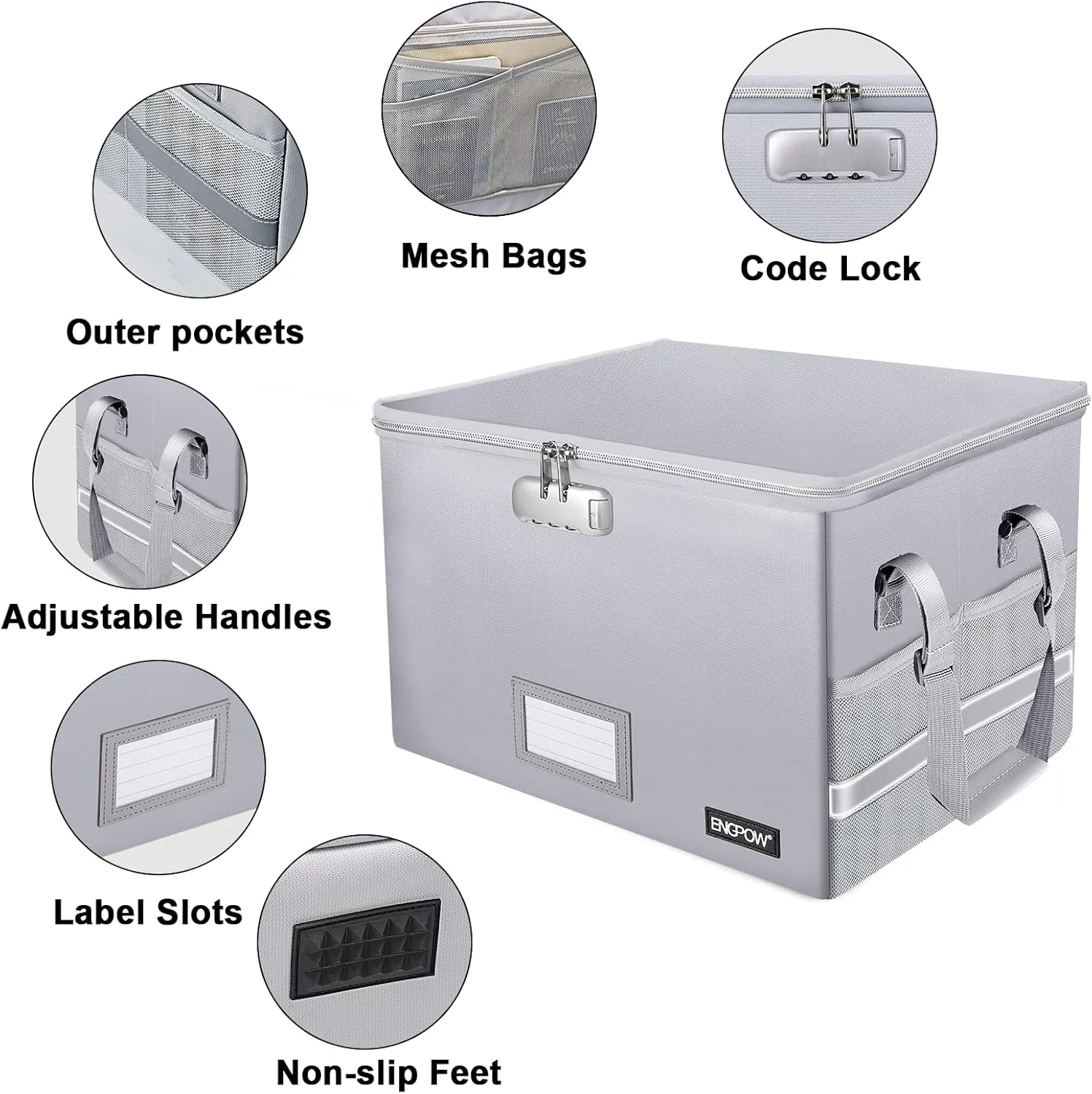 ENGPOW Collapsible File Storage Organizer with Lock, Fireproof Document Box with Pockets, Portable Home Office File Cabinet Safe for Hanging Letter/Legal Folders, 2 Pack (Silver)
