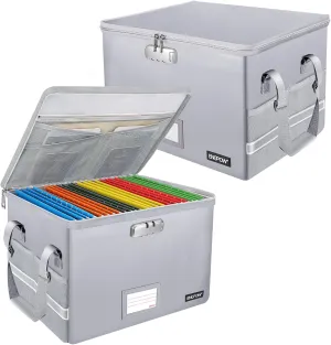 ENGPOW Collapsible File Storage Organizer with Lock, Fireproof Document Box with Pockets, Portable Home Office File Cabinet Safe for Hanging Letter/Legal Folders, 2 Pack (Silver)