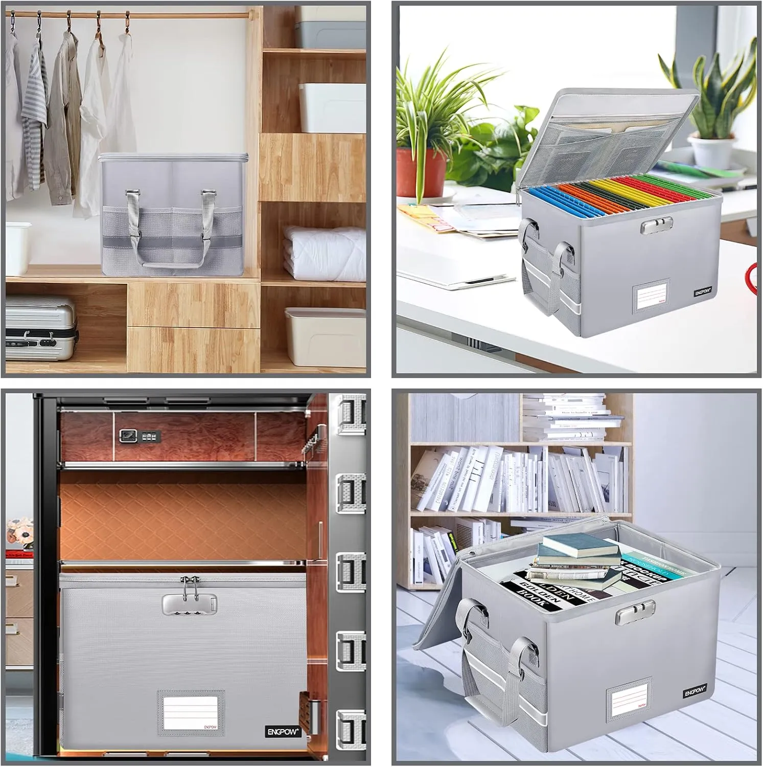 ENGPOW Collapsible File Storage Organizer with Lock, Fireproof Document Box with Pockets, Portable Home Office File Cabinet Safe for Hanging Letter/Legal Folders, 2 Pack (Silver)
