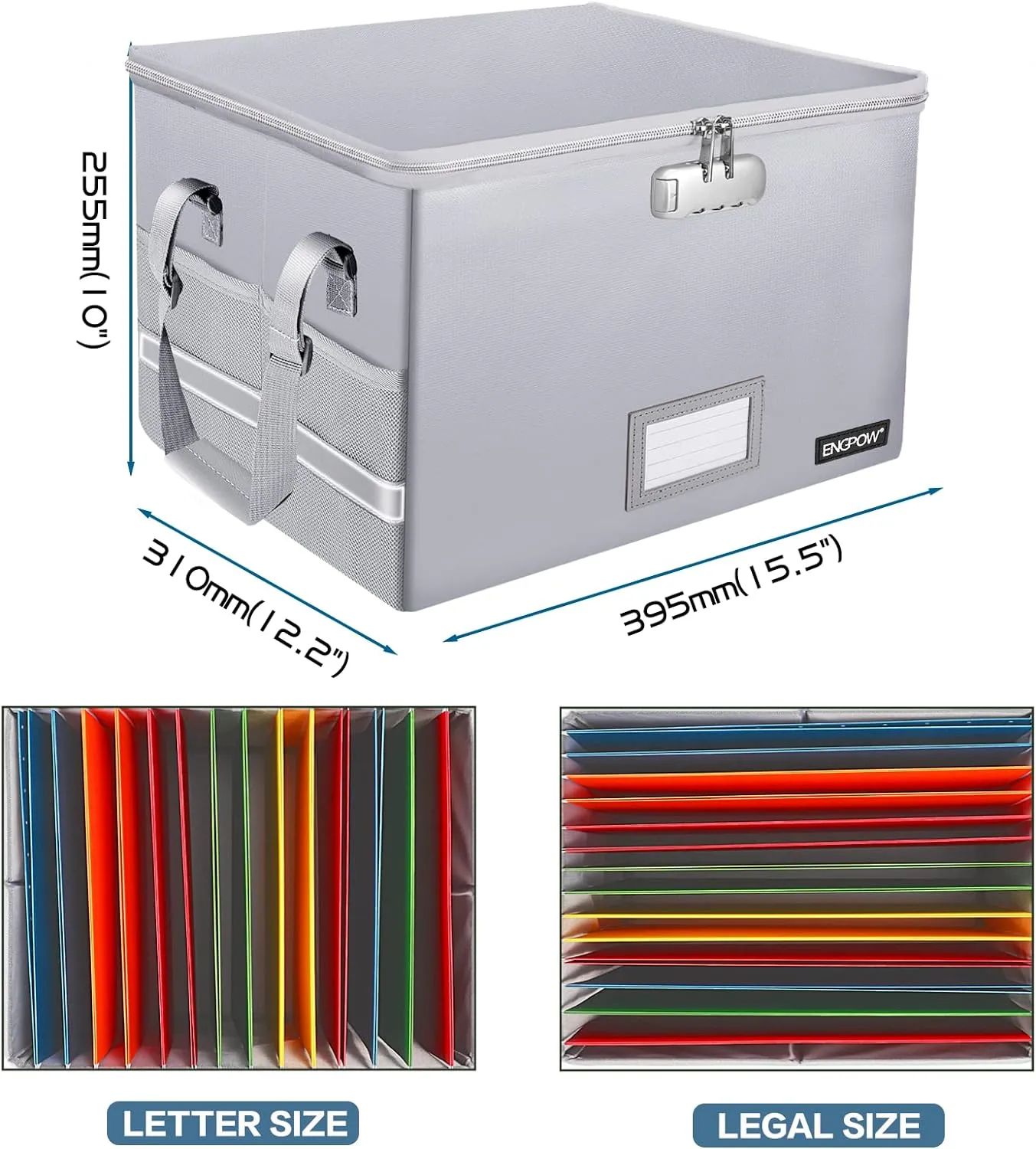ENGPOW Collapsible File Storage Organizer with Lock, Fireproof Document Box with Pockets, Portable Home Office File Cabinet Safe for Hanging Letter/Legal Folders, 2 Pack (Silver)