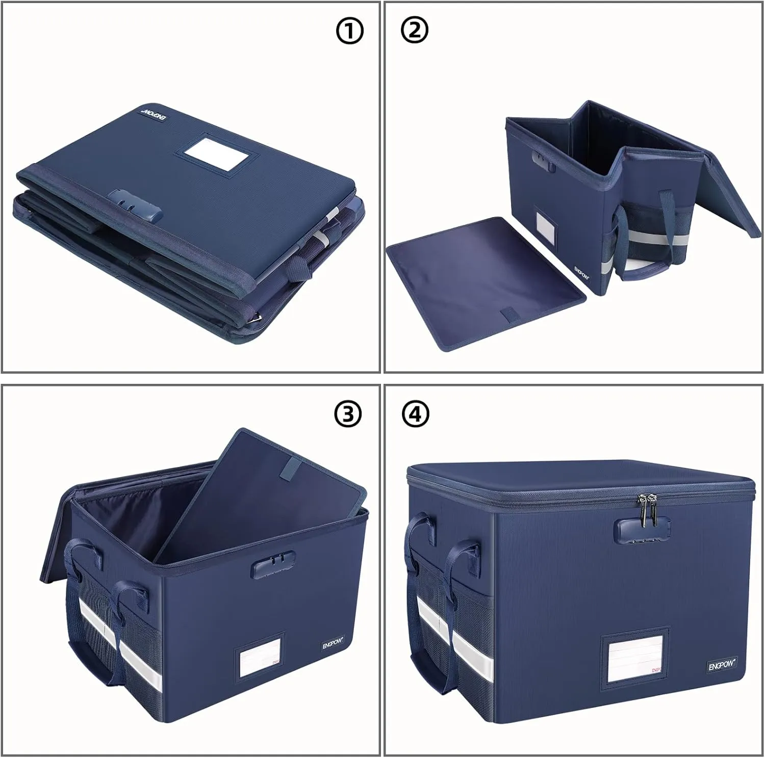 ENGPOW File Box with Lock, Fireproof Document Box with Zipper＆Pockets, Collapsible File Organizer Filing Storage Cabinet with Handle, Portable Home Office Safe for Hanging Letter/Legal Folder, Blue