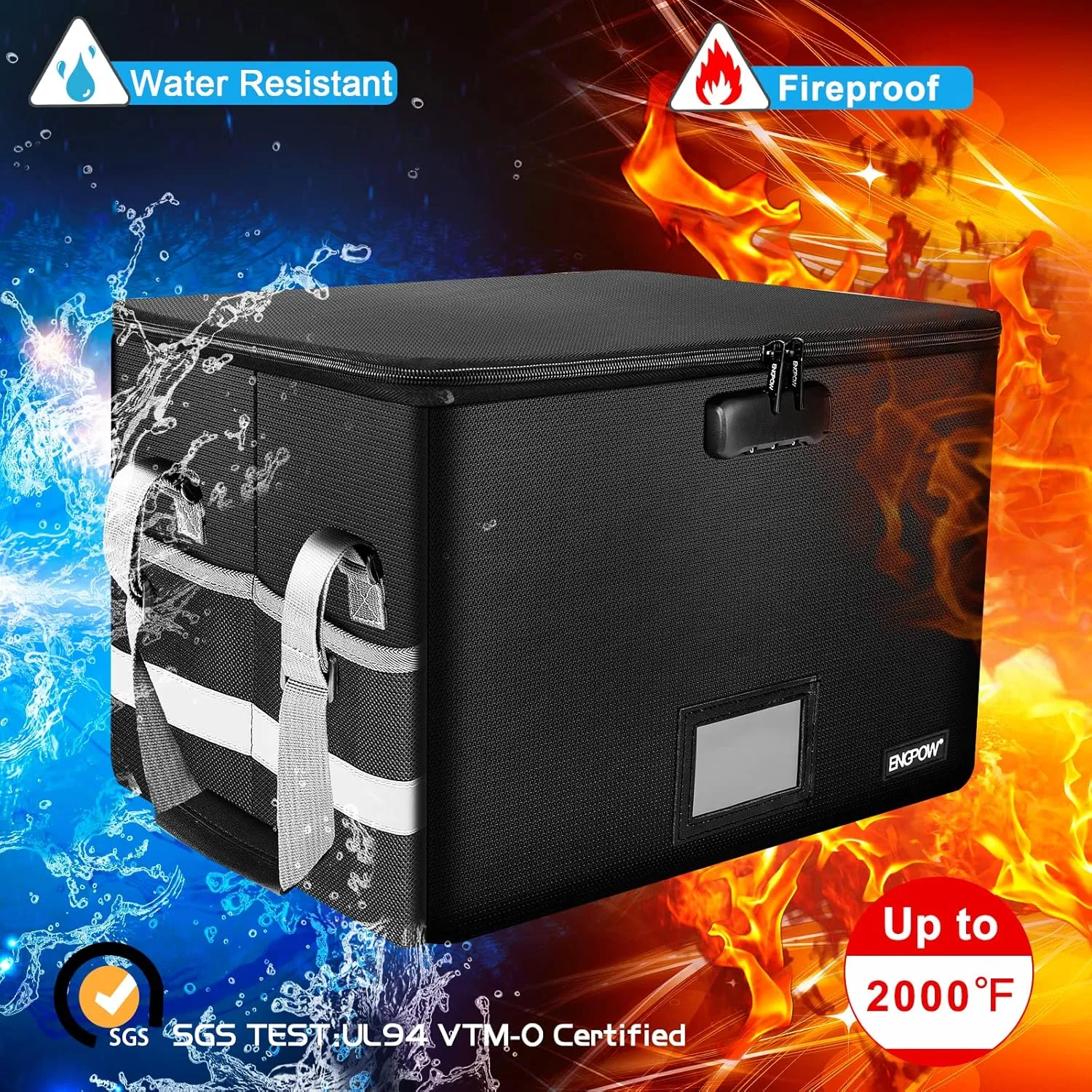 ENGPOW File Box with Lock,Fireproof Document Box with Zipper＆Pockets,Collapsible File Organizer Filing Storage Cabinet with Handle,Portable Home Office Safe for Hanging Letter/Legal Folder,Black