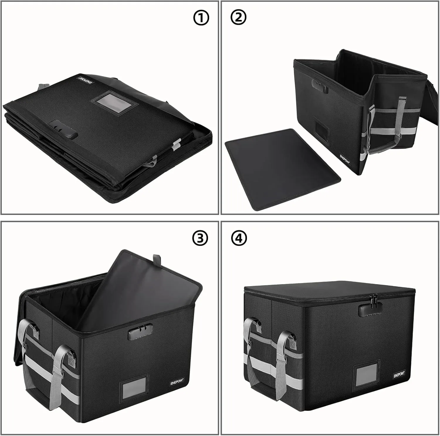 ENGPOW File Box with Lock,Fireproof Document Box with Zipper＆Pockets,Collapsible File Organizer Filing Storage Cabinet with Handle,Portable Home Office Safe for Hanging Letter/Legal Folder,Black