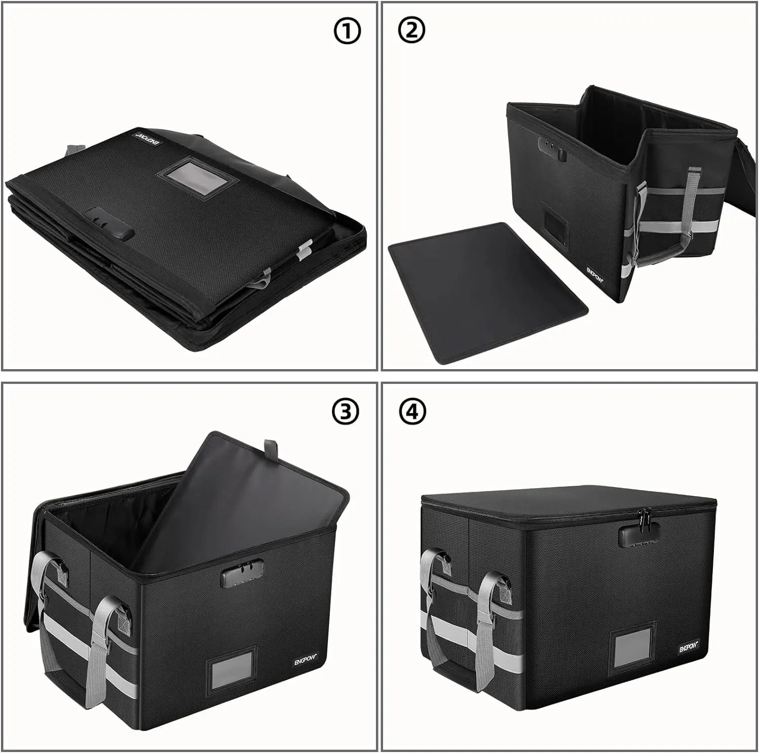 ENGPOW File Box with Lock,Fireproof Document Box with Zipper＆Pockets,Collapsible File Organizer Filing Storage Cabinet with Handle,Portable Home Office Safe for Hanging Letter/Legal Folder,Black