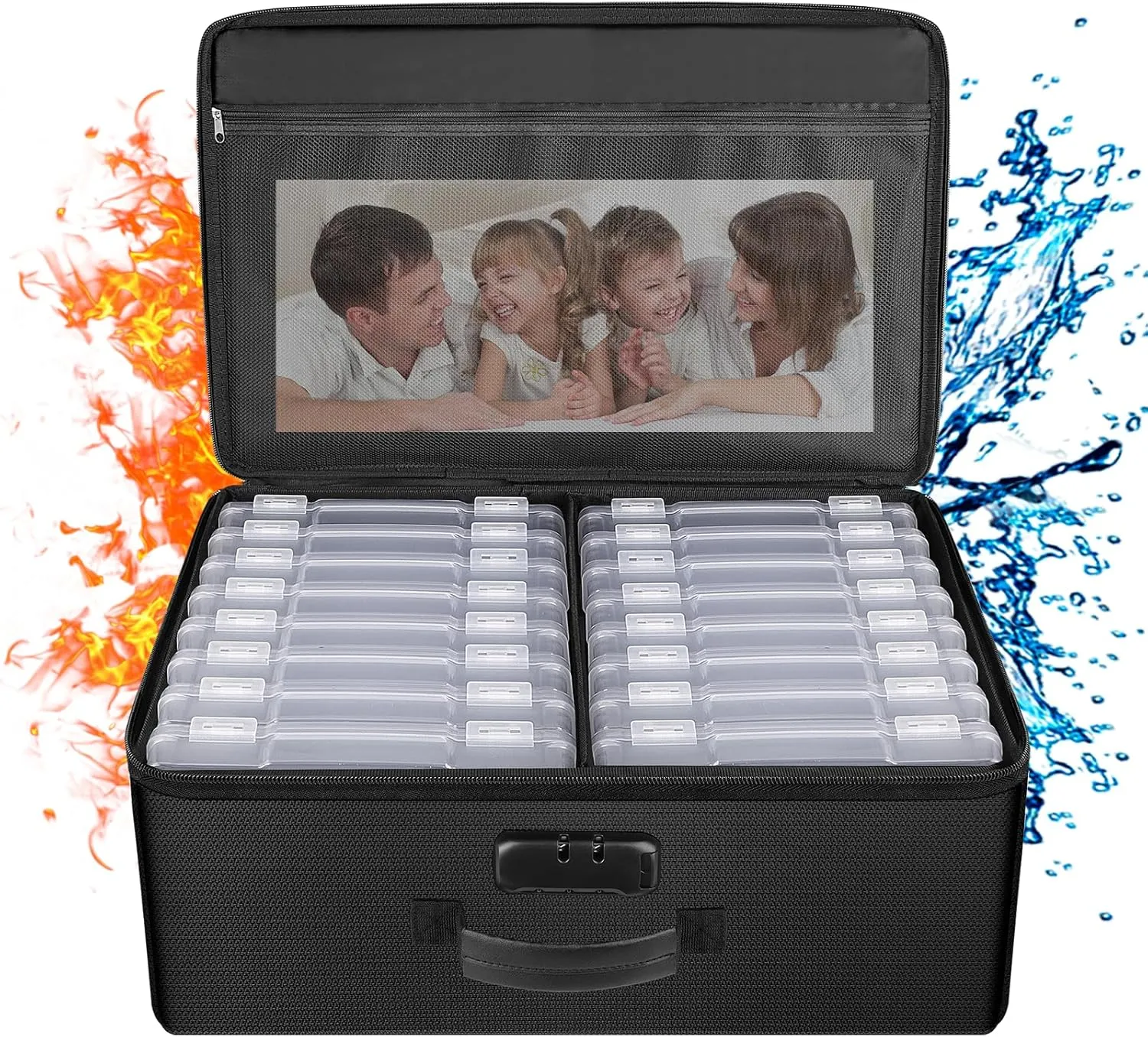 ENGPOW Fireproof Photo Storage Box 5" x 7" Photo Case(Clear),16 Inner Photo Keeper Organizer with Lock, Collapsible Portable Acid-Free Photo Storage Container with Handle for Picture, Valuables