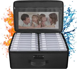 ENGPOW Fireproof Photo Storage Box 5" x 7" Photo Case(Clear),16 Inner Photo Keeper Organizer with Lock, Collapsible Portable Acid-Free Photo Storage Container with Handle for Picture, Valuables