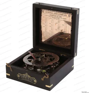 Engraved Brass Sundial Compass – 5-Inch Vintage Nautical Compass with Embossed Needle & Black Wooden Case – Large Antique Brass Sundial for Men, Hiking, Camping & Collectibles