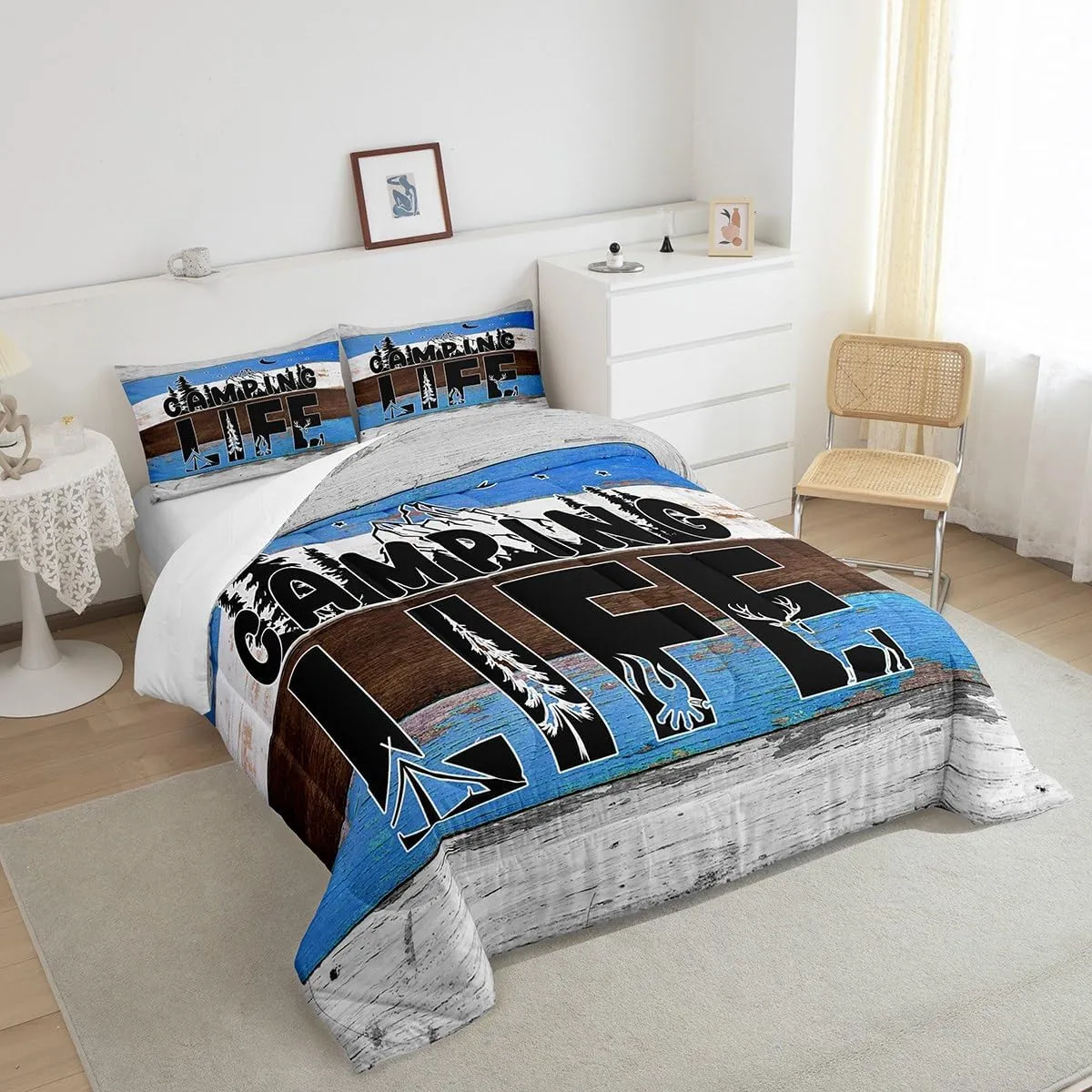 Erosebridal Happy Camping Bedding Camping Tent Campfire Comforter Set for Boys Teens Adults, Camper Accessories Bedding Comforter Sets Farmhouse Trailers Camper Decor Quilt with 2 Pillowcases, Queen