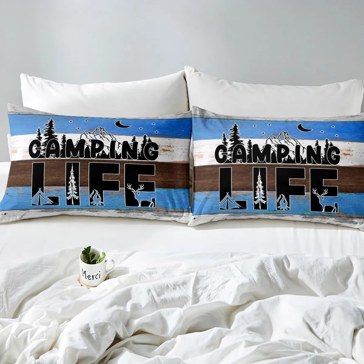 Erosebridal Happy Camping Bedding Camping Tent Campfire Comforter Set for Boys Teens Adults, Camper Accessories Bedding Comforter Sets Farmhouse Trailers Camper Decor Quilt with 2 Pillowcases, Queen