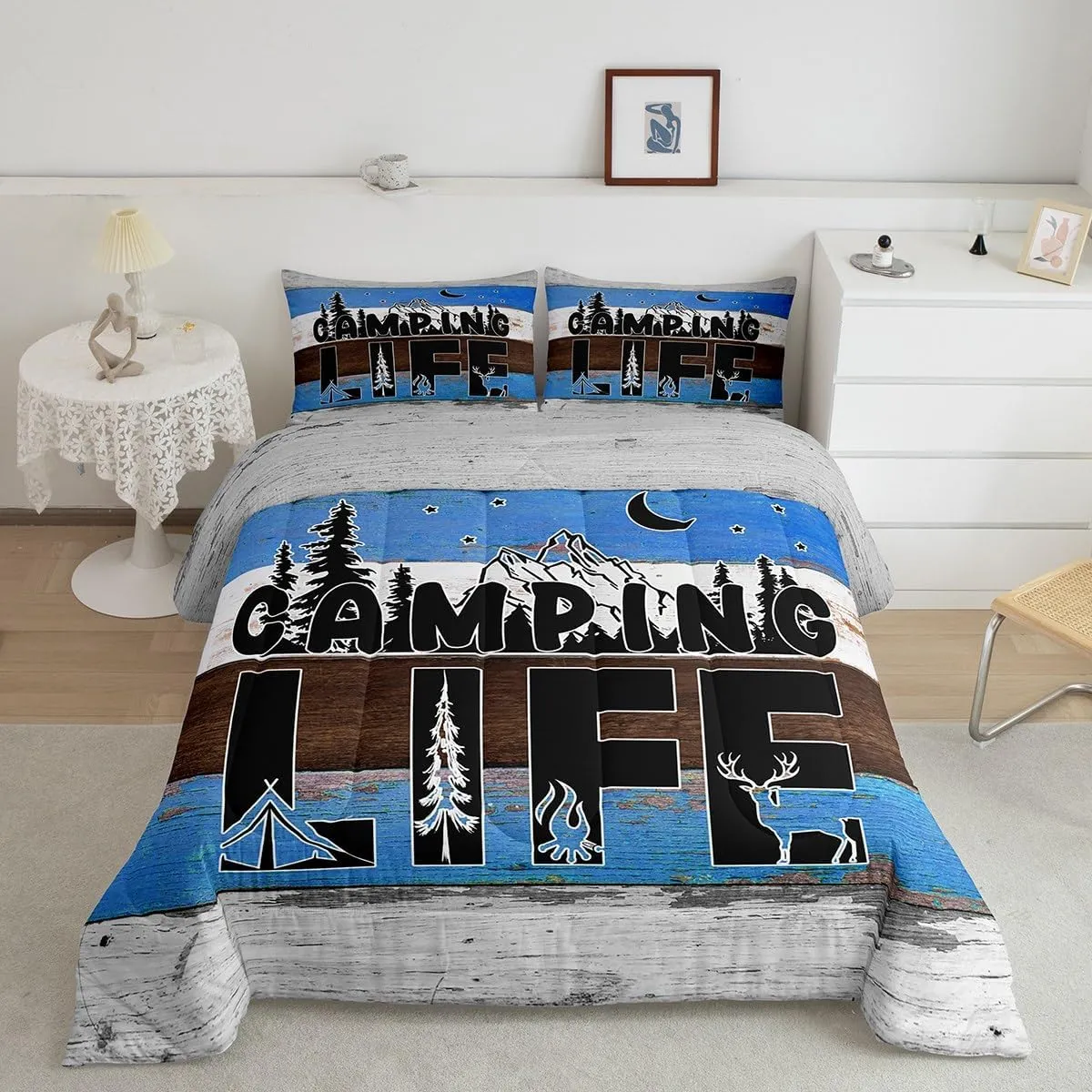 Erosebridal Happy Camping Bedding Camping Tent Campfire Comforter Set for Boys Teens Adults, Camper Accessories Bedding Comforter Sets Farmhouse Trailers Camper Decor Quilt with 2 Pillowcases, Queen