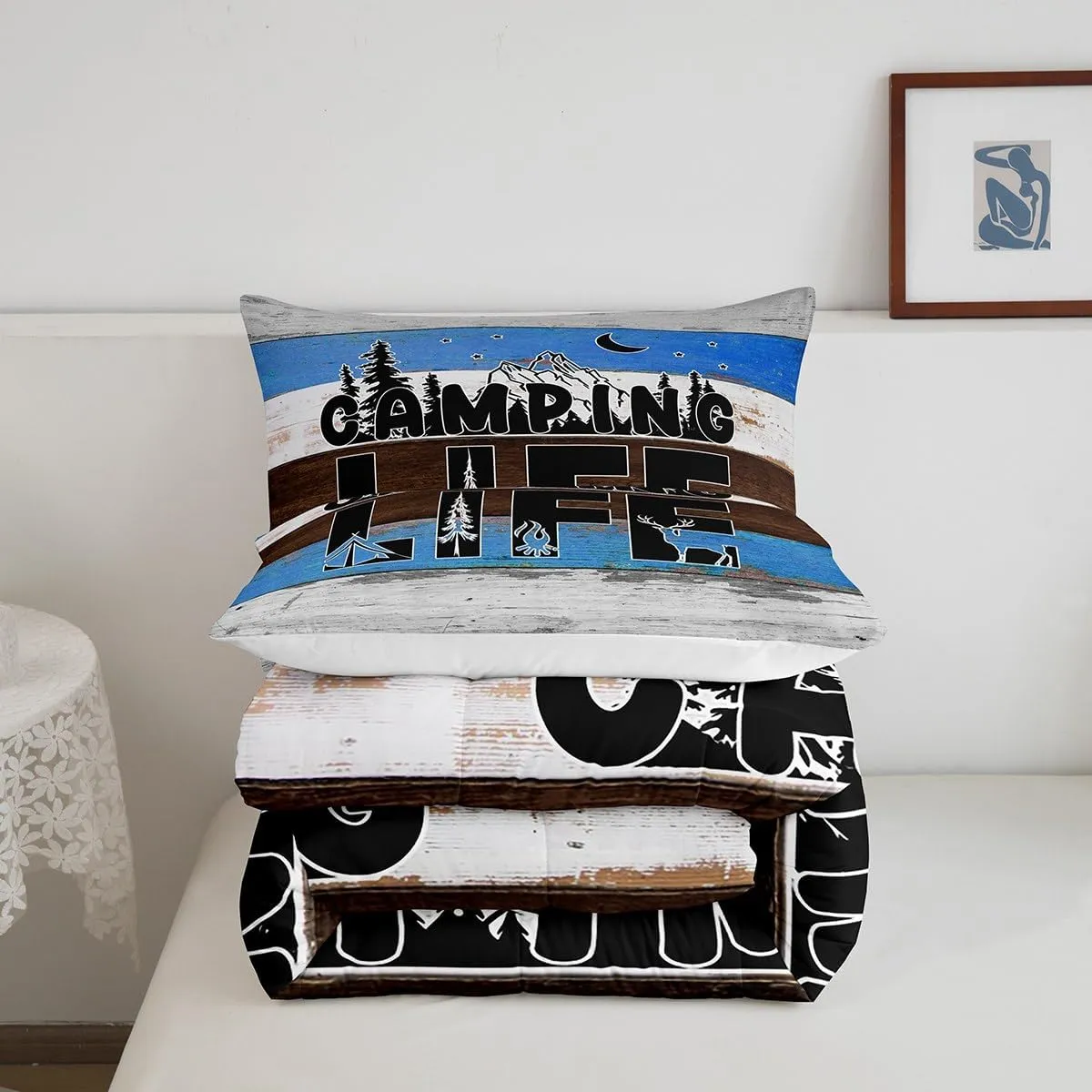 Erosebridal Happy Camping Bedding Camping Tent Campfire Comforter Set for Boys Teens Adults, Camper Accessories Bedding Comforter Sets Farmhouse Trailers Camper Decor Quilt with 2 Pillowcases, Queen