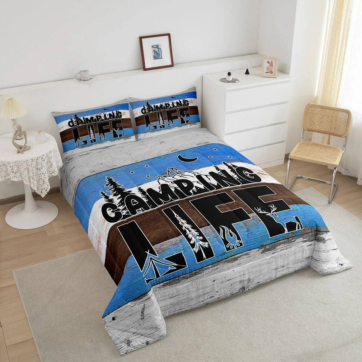 Erosebridal Happy Camping Bedding Camping Tent Campfire Comforter Set for Boys Teens Adults, Camper Accessories Bedding Comforter Sets Farmhouse Trailers Camper Decor Quilt with 2 Pillowcases, Queen
