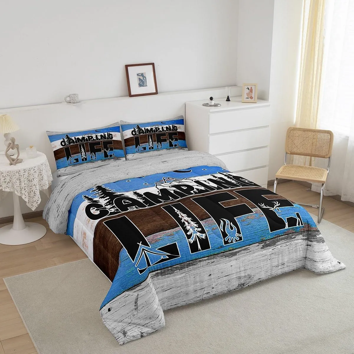 Erosebridal Happy Camping Bedding Camping Tent Campfire Comforter Set for Boys Teens Adults, Camper Accessories Bedding Comforter Sets Farmhouse Trailers Camper Decor Quilt with 2 Pillowcases, Queen