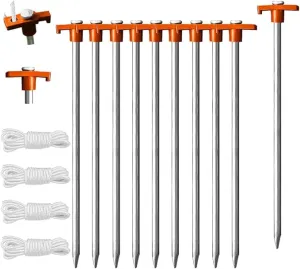 Eurmax USA Galvanized Non-Rust Camping Family Tent Pop Up Tent Stakes Canopy Anchors Heavy Duty 10pc-Pack, with 4x10ft Ropes & 1 Orange Stopper