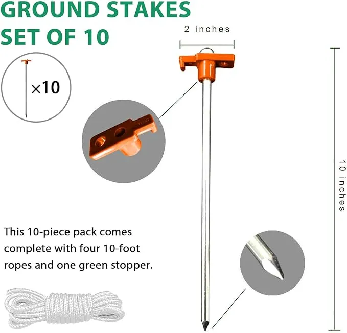 Eurmax USA Galvanized Non-Rust Camping Family Tent Pop Up Tent Stakes Canopy Anchors Heavy Duty 10pc-Pack, with 4x10ft Ropes & 1 Orange Stopper