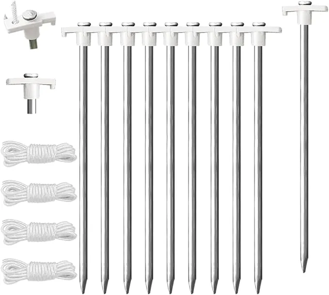 Eurmax USA Galvanized Non-Rust Camping Tent Stakes Canopy Anchors Heavy Duty 10pc-Pack, with 4x10ft Ropes & 1 White Stopper
