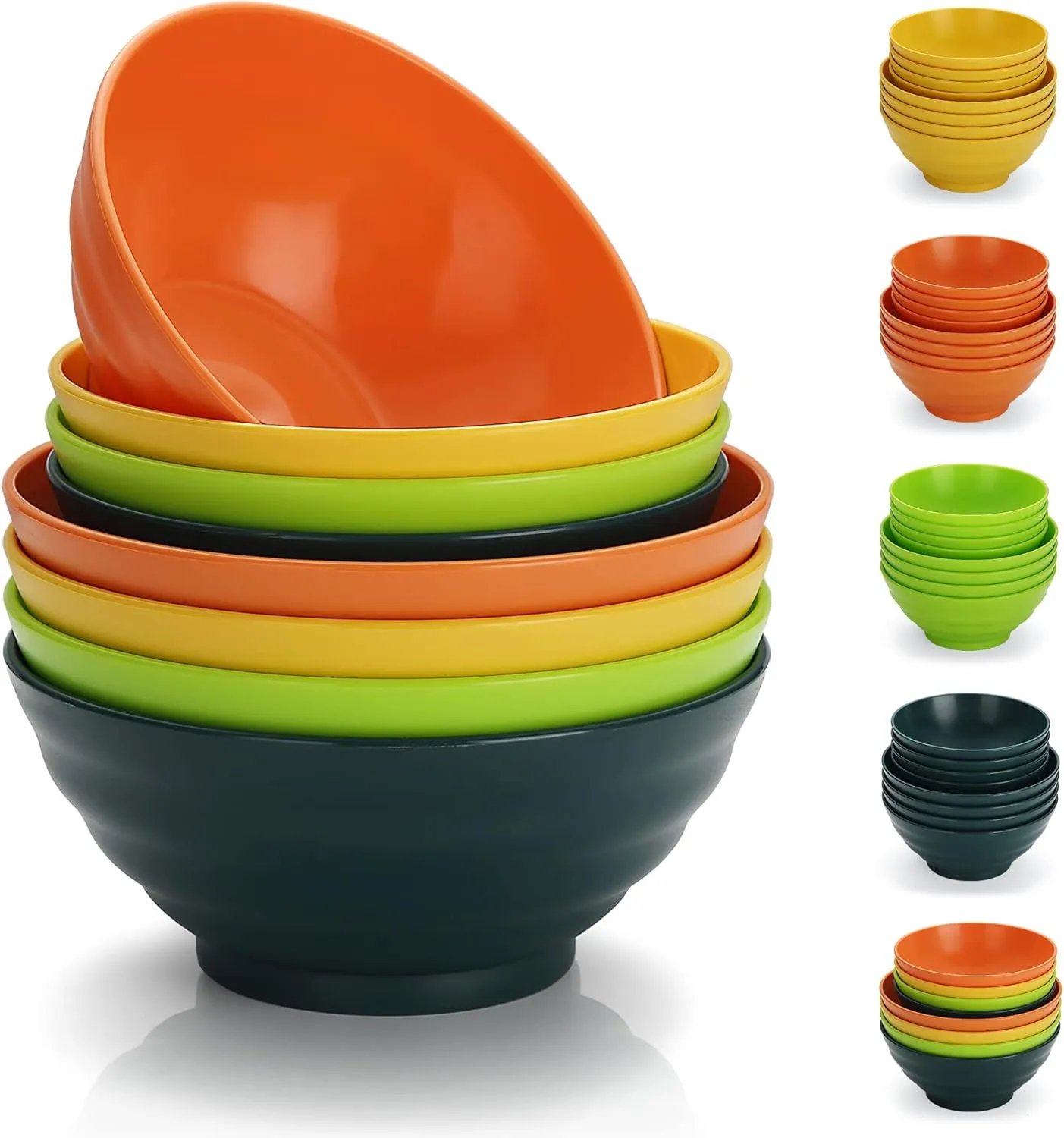 Evanda Plastic Bowls Set of 8 Pieces, 2 Sizes 17/34oz Unbreakable Reusable Light Weight Bowl for Cereal, Noodle, Soup, Pasta, Ramen, Popcorn, Fruit, Salad and All Purpose