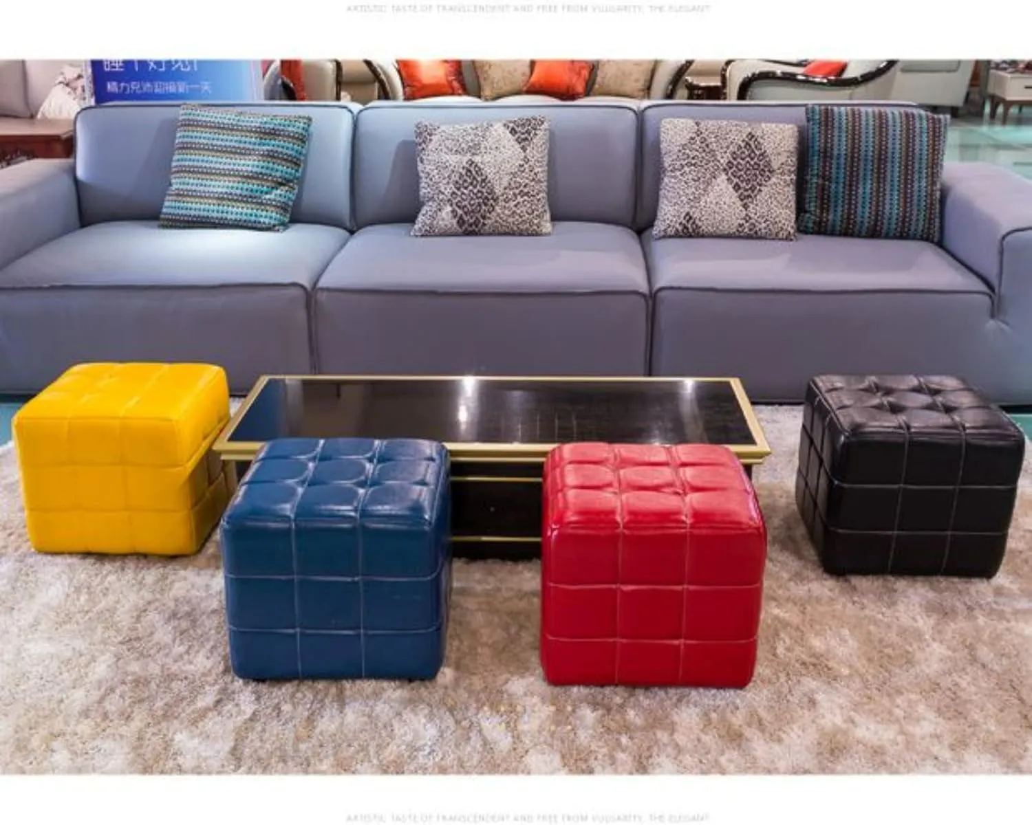 Faux Leather Small Ottoman Cube Foot Rest Stool Steady Wooden Structure Foot Stool Ottoman Pouf Modern Couch Stool Comfy Ottoman for Living Room Bedroom (Blue)