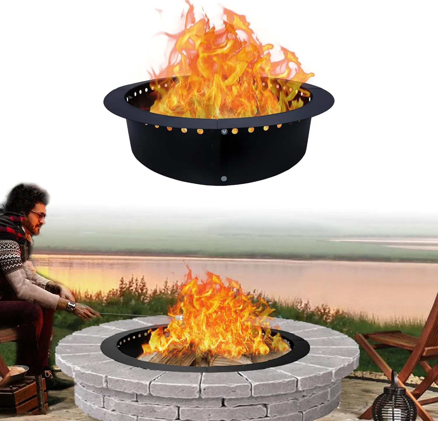 FEBTECH - Smokeless Fire Pit Insert - Steel 46" Round Foldable Fire Pit Ring with Air Vents and Coller Support - DIY Fire Ring in or Above Ground for Outdoor Garden Patio Bonfire Camping Accessories