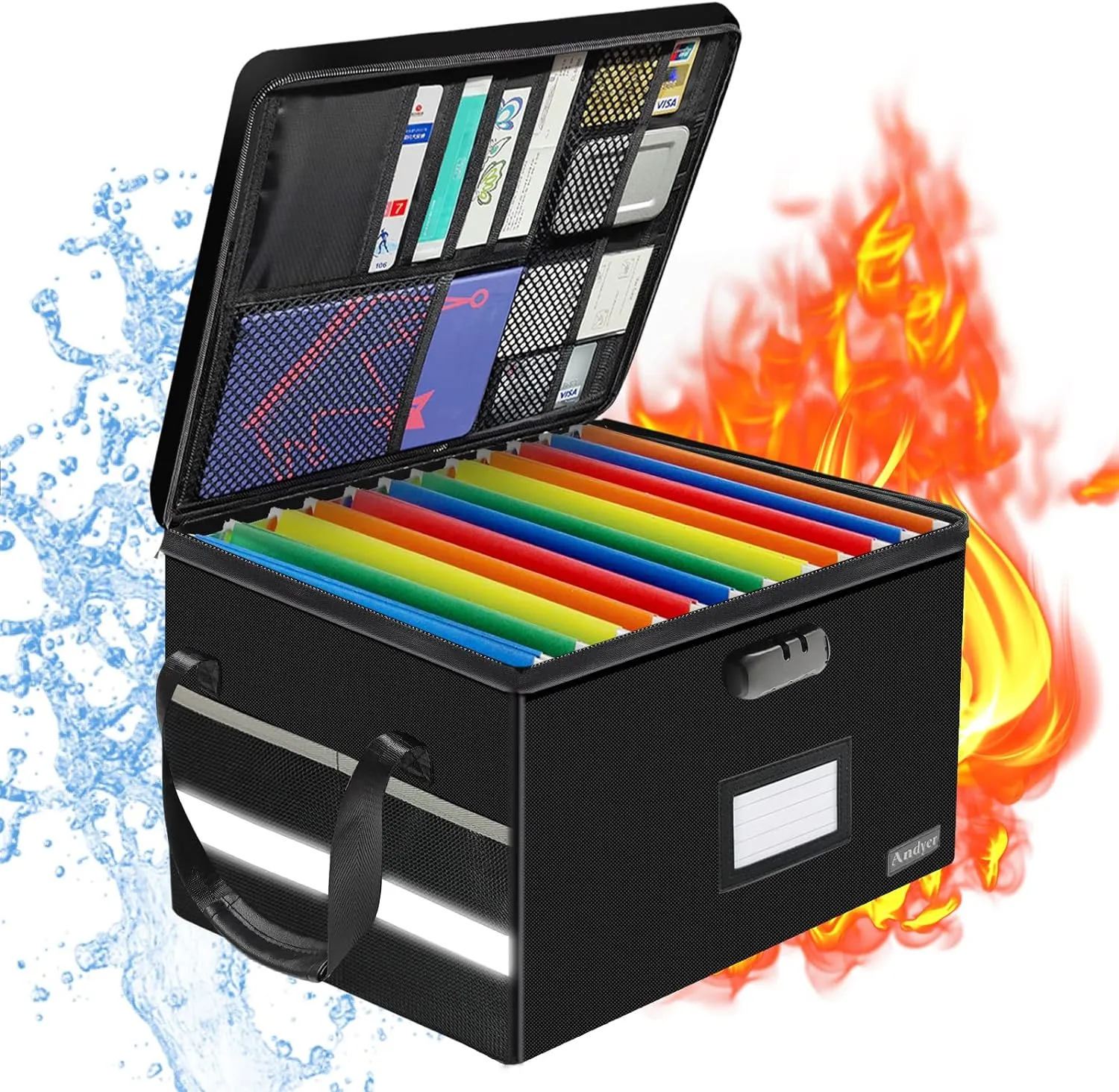 File Box with Lock, Fireproof Document Box with 10 Tab&Inserts, Collapsible File Organizer Filing Cabinet Box, Fire Proof Safe File Cabinets for Home Office Hanging Letter/Legal Folder
