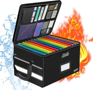 File Box with Lock, Fireproof Document Box with 10 Tab&Inserts, Collapsible File Organizer Filing Cabinet Box, Fire Proof Safe File Cabinets for Home Office Hanging Letter/Legal Folder
