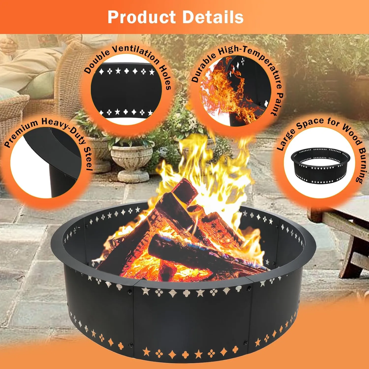 Fire Pit Ring 36inch Fire Ring for Outside Fire Pit,Large Round Smokeless Firepit Insert,DIY Fire Rings for Outside Wood Burning Above or In-Ground Camping Firepit Ring for Outdoor Patio Yard Garden