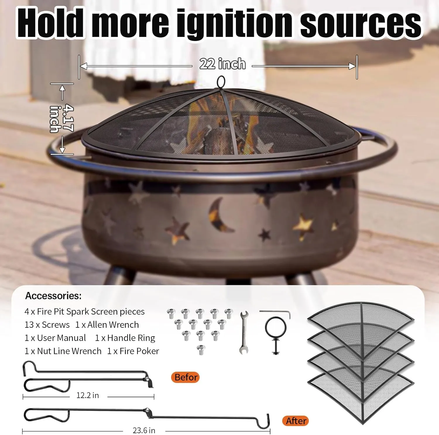 Fire Pit Spark Screen, 22Inch Fire Pit Lid Outdoor with Handle & Poker, Heavy-Duty Mesh Firepit Cove with 12 Reinforced Bars for Backyard/Beach/RV Camping