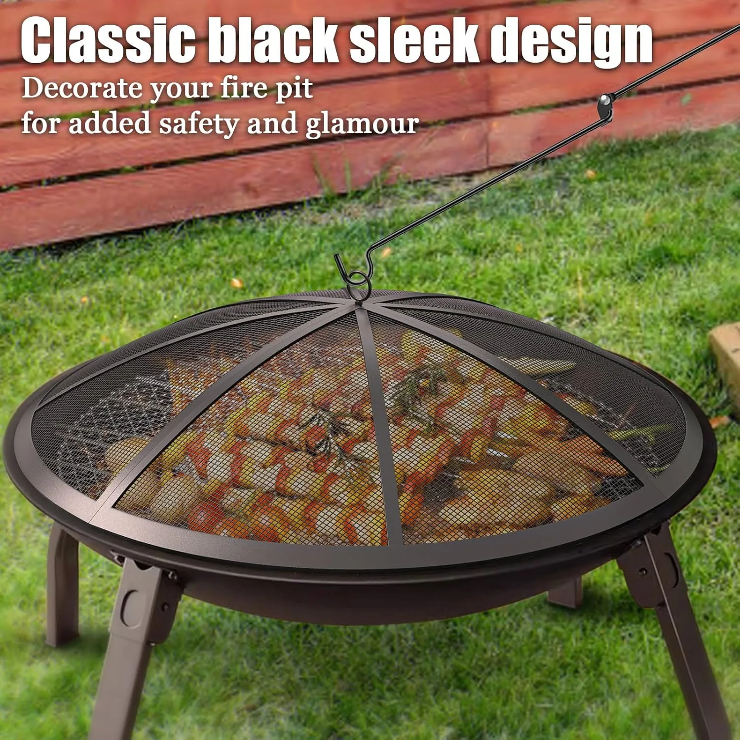 Fire Pit Spark Screen, 22Inch Fire Pit Lid Outdoor with Handle & Poker, Heavy-Duty Mesh Firepit Cove with 12 Reinforced Bars for Backyard/Beach/RV Camping