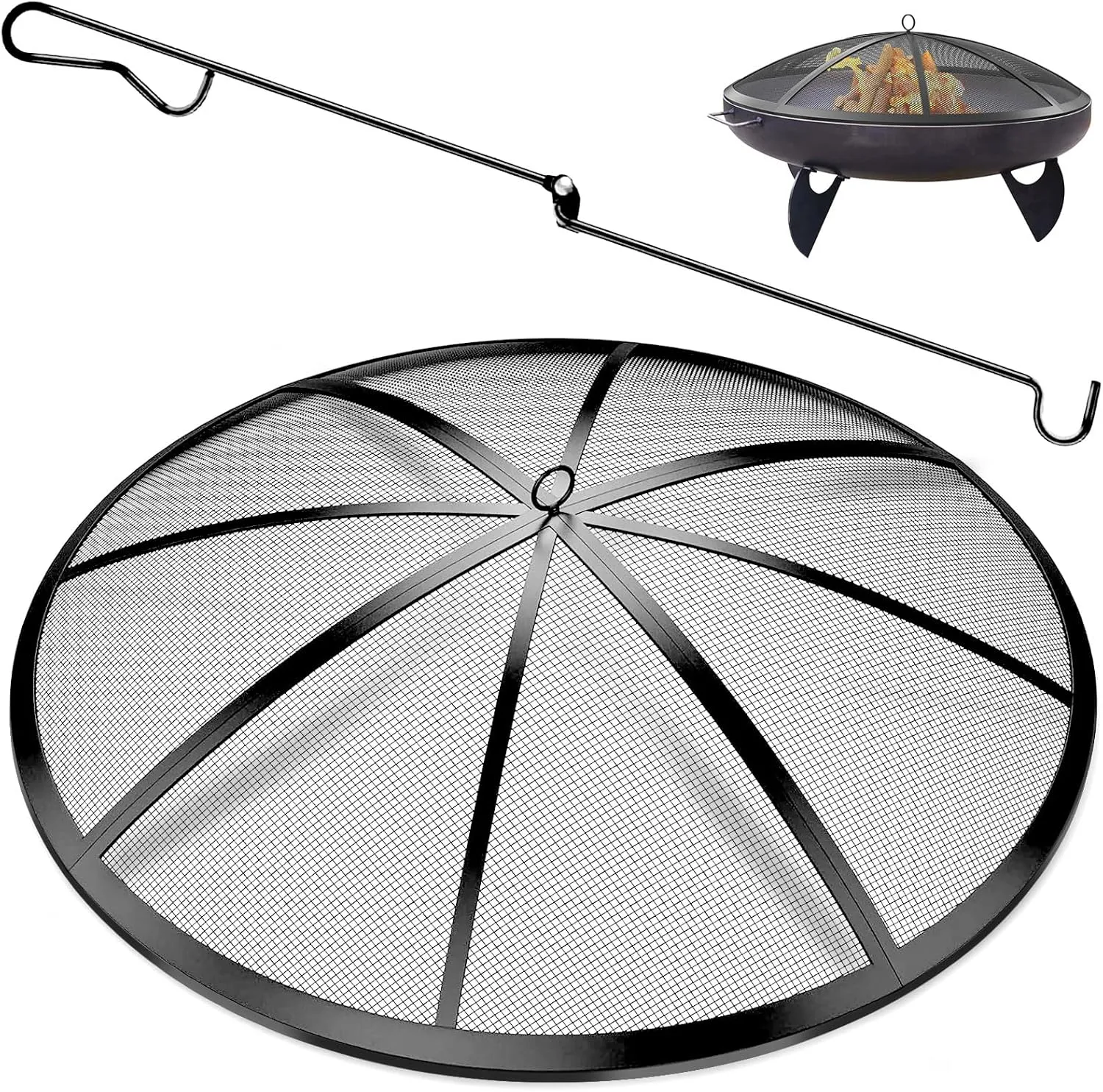 Fire Pit Spark Screen, 22Inch Fire Pit Lid Outdoor with Handle & Poker, Heavy-Duty Mesh Firepit Cove with 12 Reinforced Bars for Backyard/Beach/RV Camping