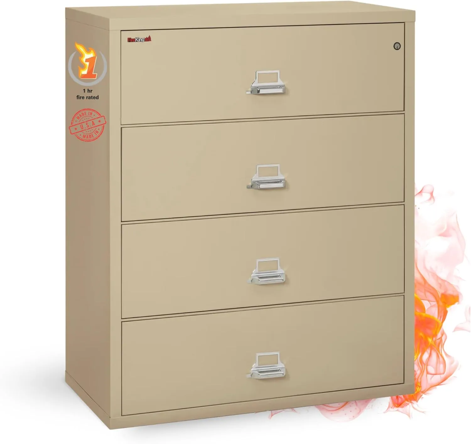 Fireking Fireproof Lateral File Cabinet (4 Drawers, Impact Resistant, Water Resistant), 44" W x 22" D, Parchment, Made in USA