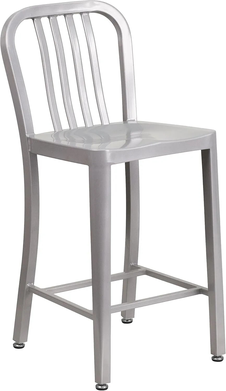 Flash Furniture 24" Commercial Grade Metal Counter Height Stool with Footrest, Modern Vertical Slat Back Stool for Restaurants and Kitchens, Silver