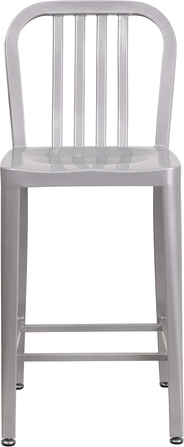 Flash Furniture 24" Commercial Grade Metal Counter Height Stool with Footrest, Modern Vertical Slat Back Stool for Restaurants and Kitchens, Silver