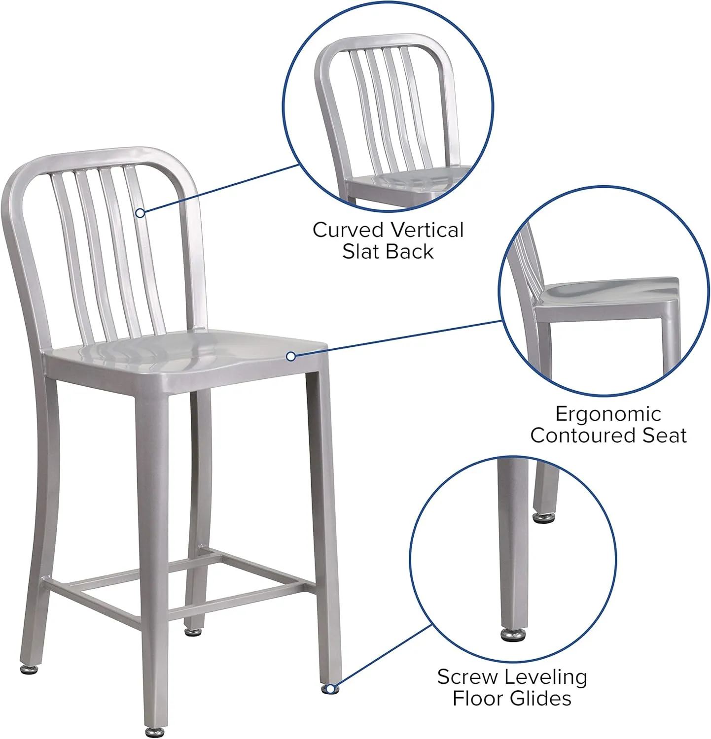 Flash Furniture 24" Commercial Grade Metal Counter Height Stool with Footrest, Modern Vertical Slat Back Stool for Restaurants and Kitchens, Silver