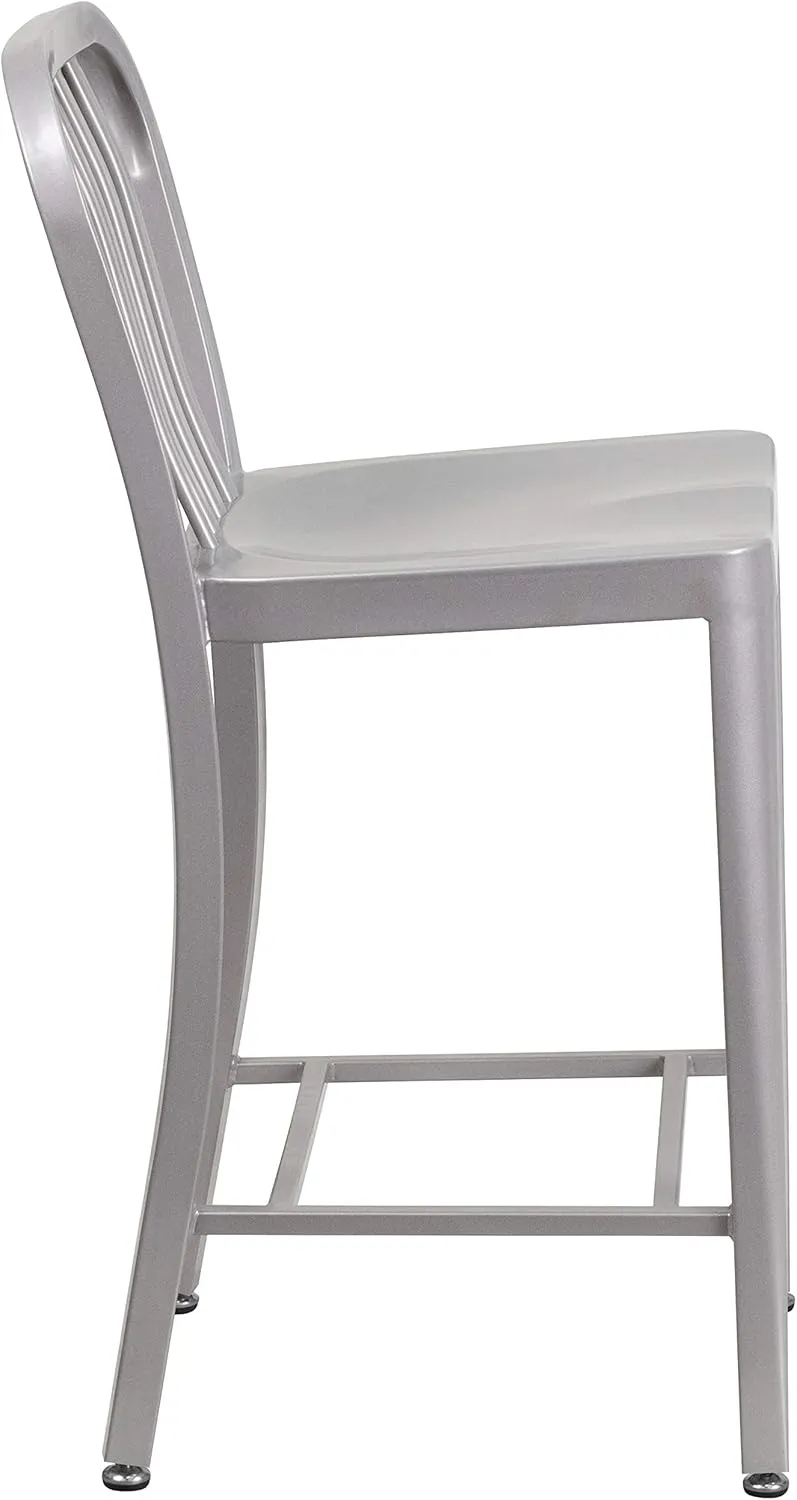 Flash Furniture 24" Commercial Grade Metal Counter Height Stool with Footrest, Modern Vertical Slat Back Stool for Restaurants and Kitchens, Silver