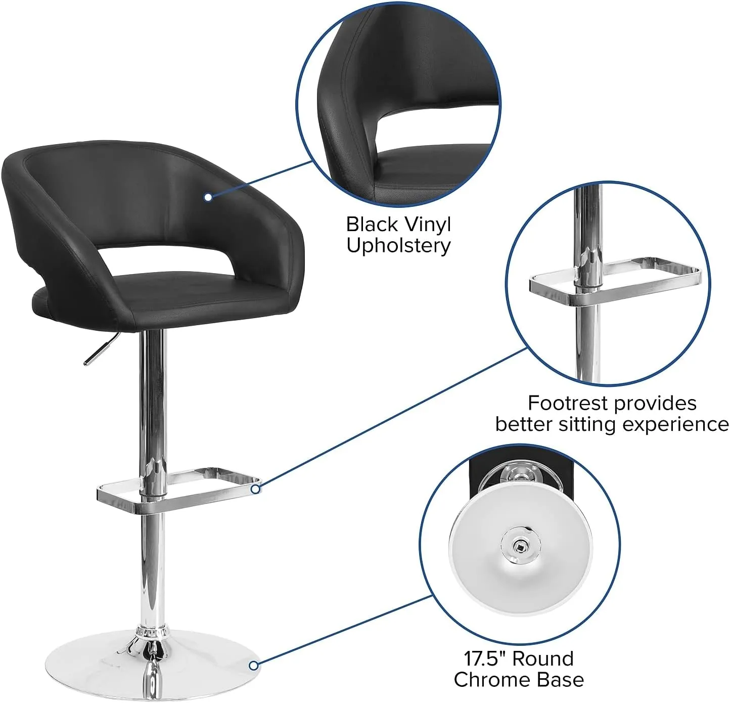 Flash Furniture Erik Comfortable & Stylish Contemporary Barstool with Rounded Mid-Back and Foot Rest, Adjustable Height - Black Vinyl with Chrome Base