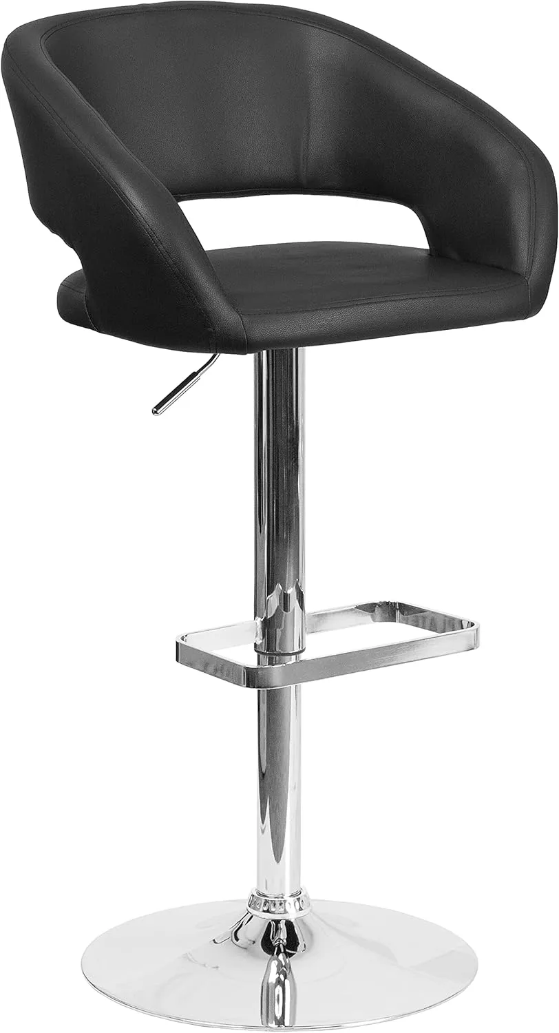 Flash Furniture Erik Comfortable & Stylish Contemporary Barstool with Rounded Mid-Back and Foot Rest, Adjustable Height - Black Vinyl with Chrome Base