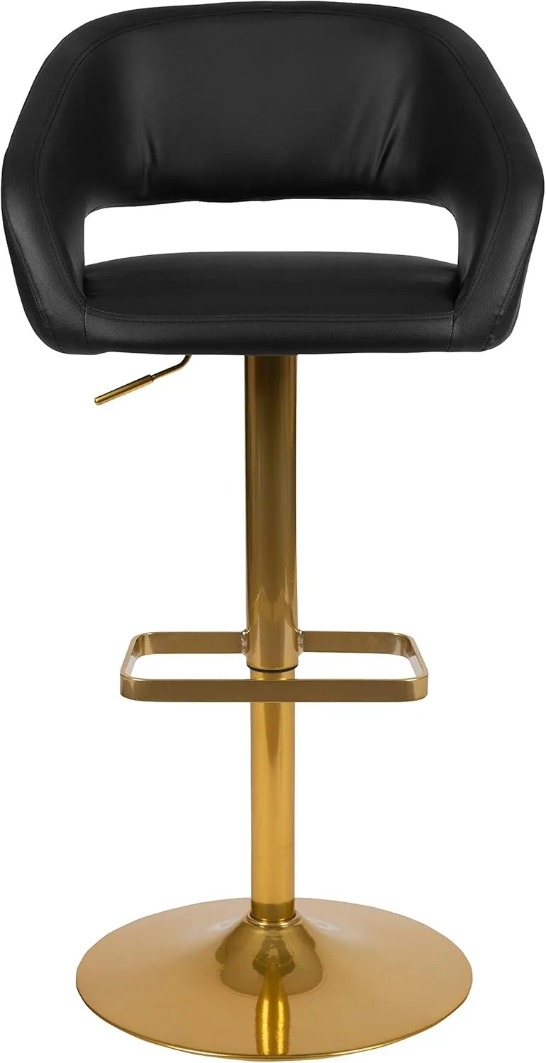 Flash Furniture Erik Comfortable & Stylish Contemporary Barstool with Rounded Mid-Back and Foot Rest, Adjustable Height - Black Vinyl with Gold Base, Set of 2