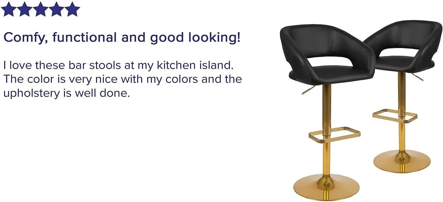 Flash Furniture Erik Comfortable & Stylish Contemporary Barstool with Rounded Mid-Back and Foot Rest, Adjustable Height - Black Vinyl with Gold Base, Set of 2