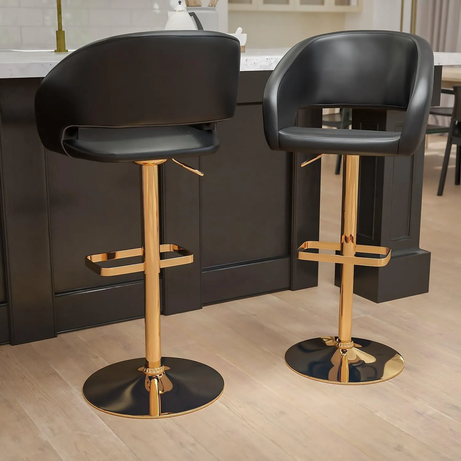 Flash Furniture Erik Comfortable & Stylish Contemporary Barstool with Rounded Mid-Back and Foot Rest, Adjustable Height - Black Vinyl with Gold Base, Set of 2