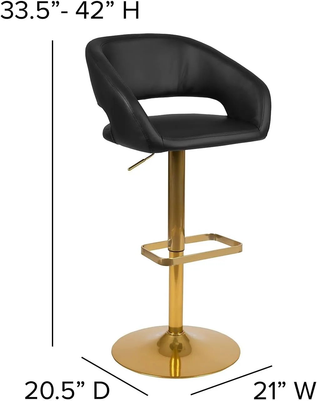 Flash Furniture Erik Comfortable & Stylish Contemporary Barstool with Rounded Mid-Back and Foot Rest, Adjustable Height - Black Vinyl with Gold Base, Set of 2