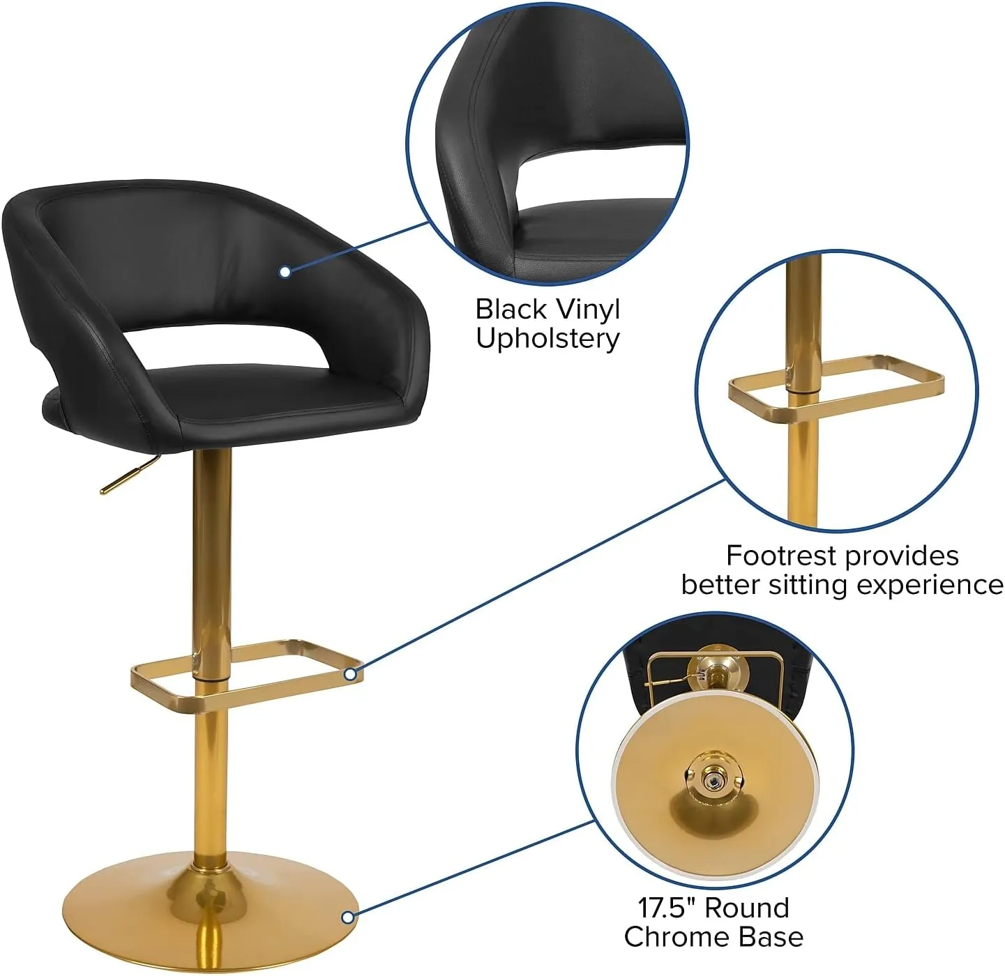 Flash Furniture Erik Comfortable & Stylish Contemporary Barstool with Rounded Mid-Back and Foot Rest, Adjustable Height - Black Vinyl with Gold Base, Set of 2