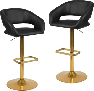 Flash Furniture Erik Comfortable & Stylish Contemporary Barstool with Rounded Mid-Back and Foot Rest, Adjustable Height - Black Vinyl with Gold Base, Set of 2
