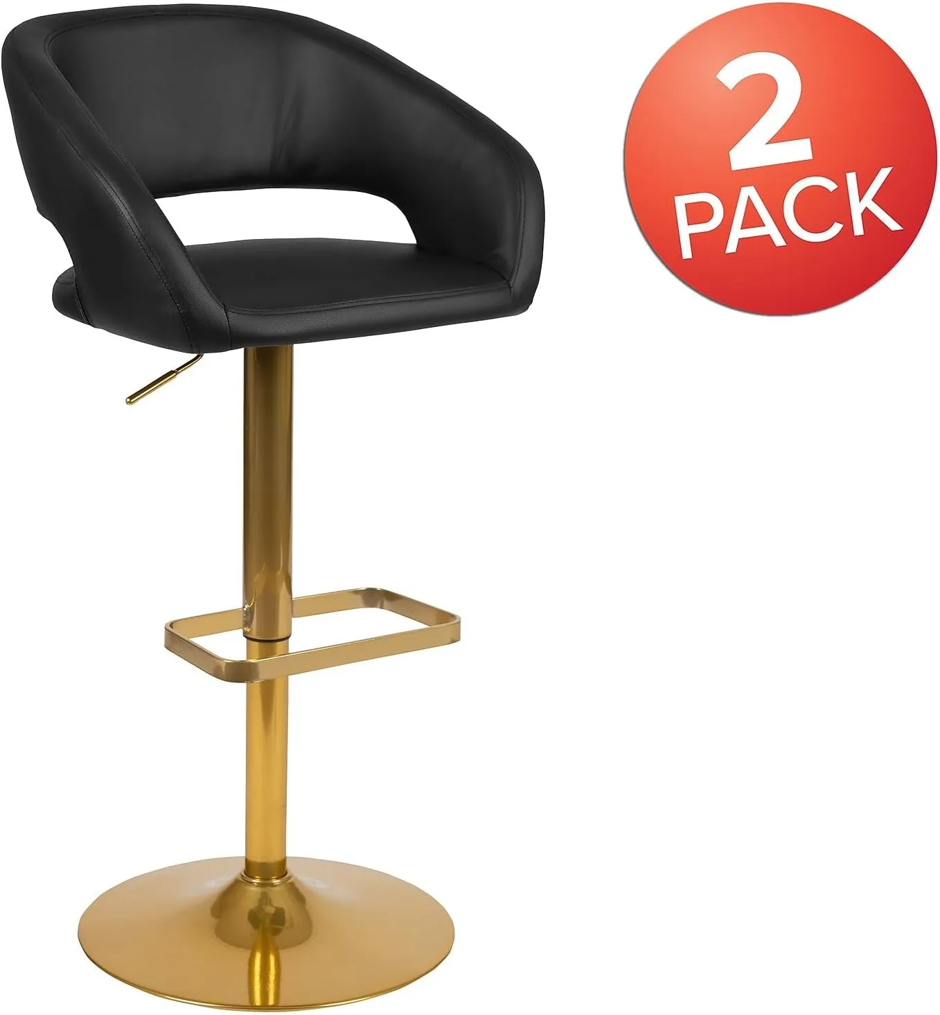 Flash Furniture Erik Comfortable & Stylish Contemporary Barstool with Rounded Mid-Back and Foot Rest, Adjustable Height - Black Vinyl with Gold Base, Set of 2