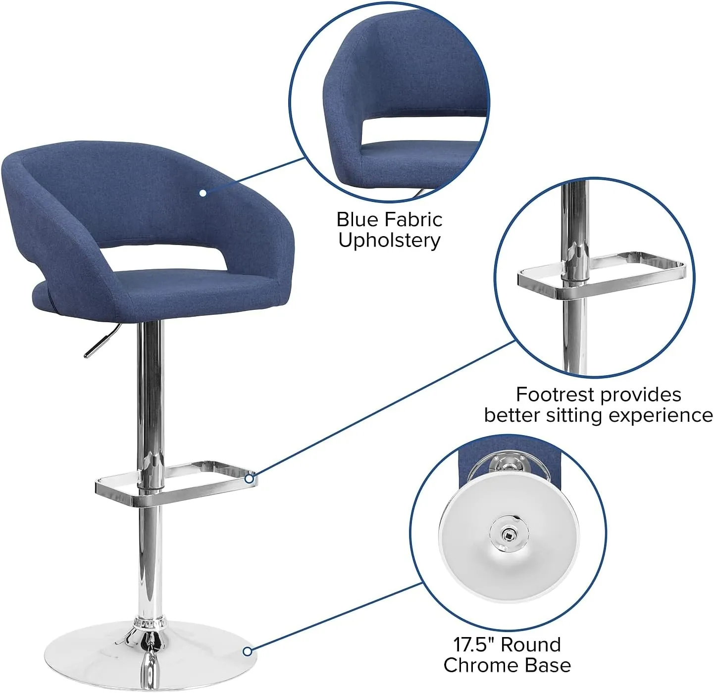 Flash Furniture Erik Comfortable & Stylish Contemporary Barstool with Rounded Mid-Back and Foot Rest, Adjustable Height - Blue Fabric with Chrome Base