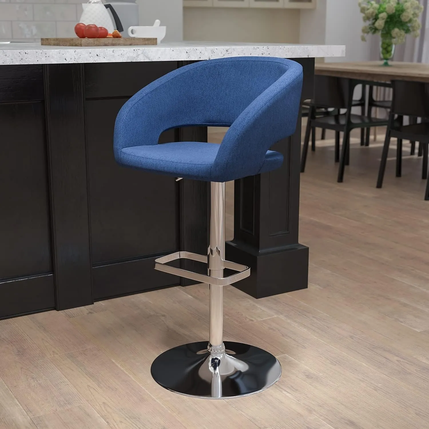 Flash Furniture Erik Comfortable & Stylish Contemporary Barstool with Rounded Mid-Back and Foot Rest, Adjustable Height - Blue Fabric with Chrome Base